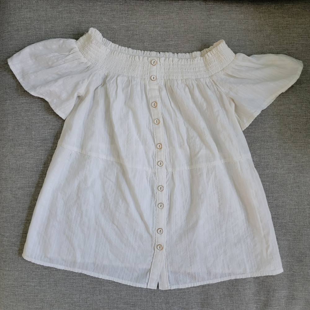 Anthropologie Lucille Off The Shoulder White Smocked Button Front Cotton Blouse